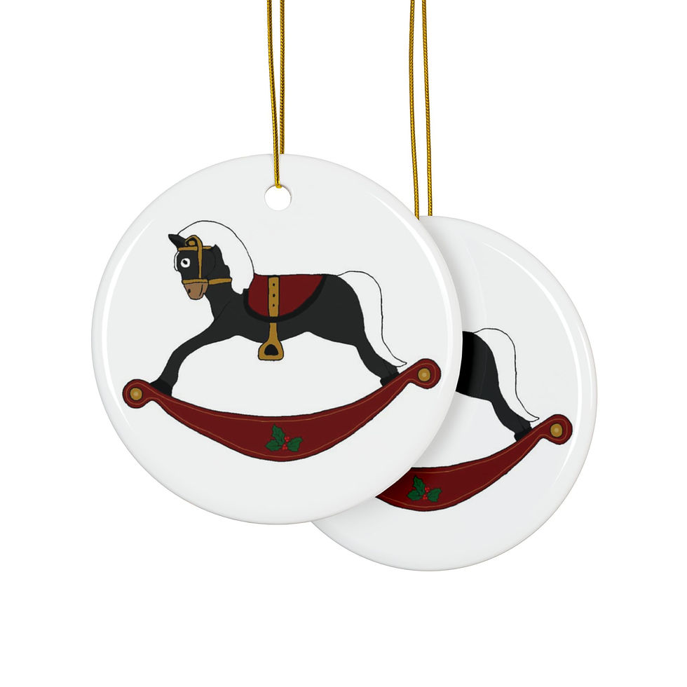 Thumbnail: Black rocking horse Christmas ornament with red saddle.