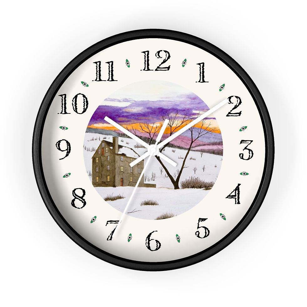Thumbnail: Cozy winter farmhouse designer clock with snowy hills