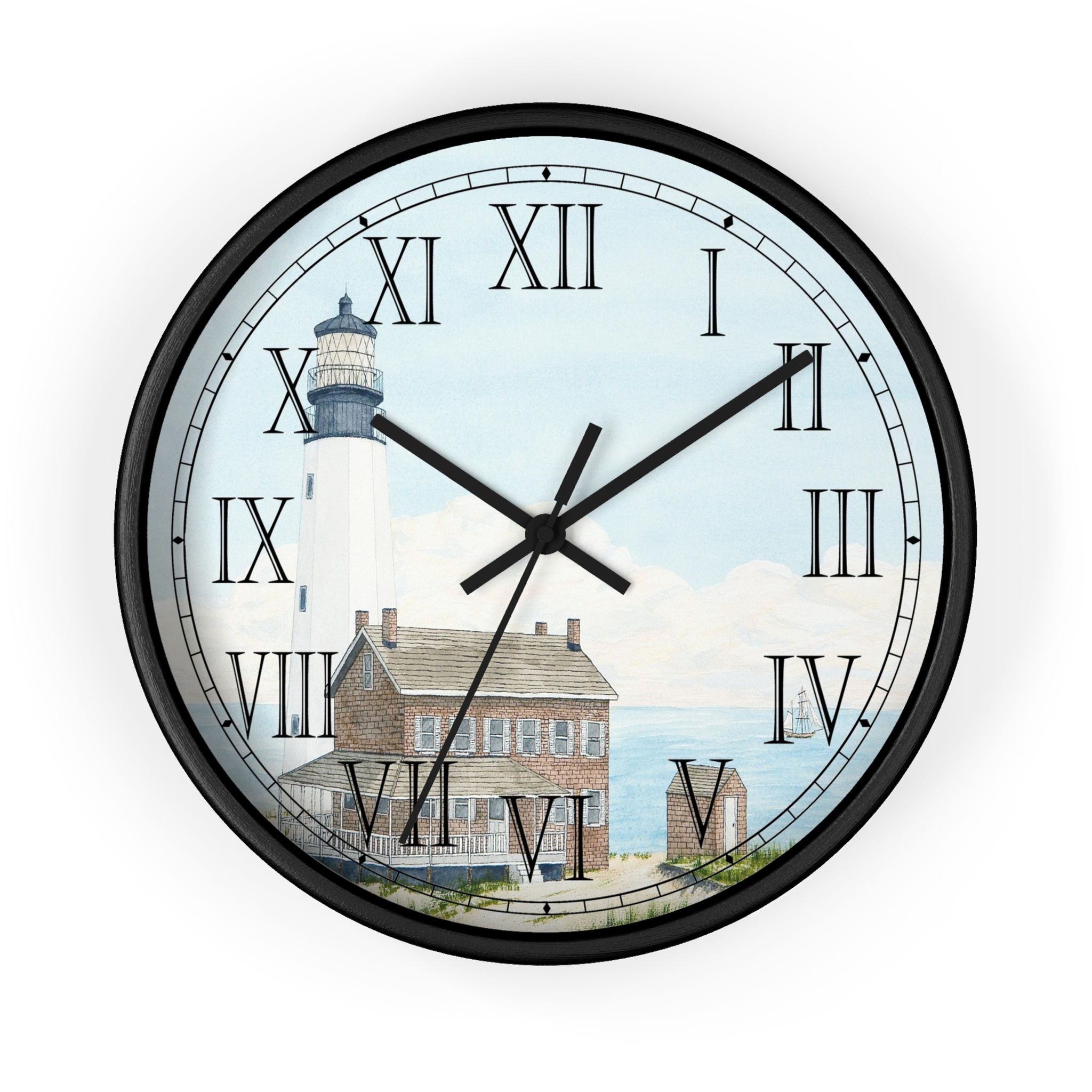 Cape Henlopen Roman numeral clock with lighthouse illustration.