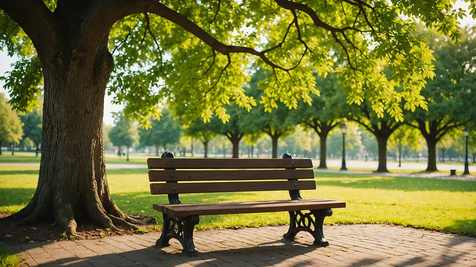 Eye-level view of a serene park bench under a tree