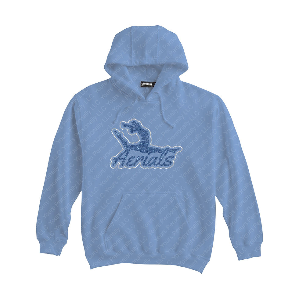 Thumbnail: Carolina blue hoodie with blue glitter gymnast and a crystal rhinestone outline. 