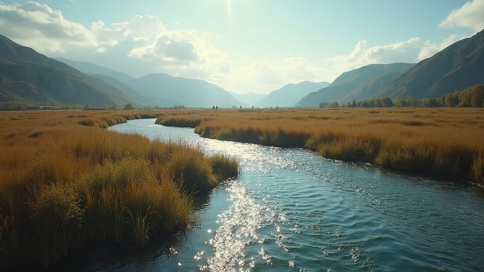 Eye-level view of a serene landscape with a winding river