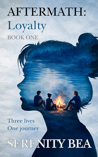Cover for Aftermath Loyalty. Silhouette of womans head with fire glow inset by a lake.