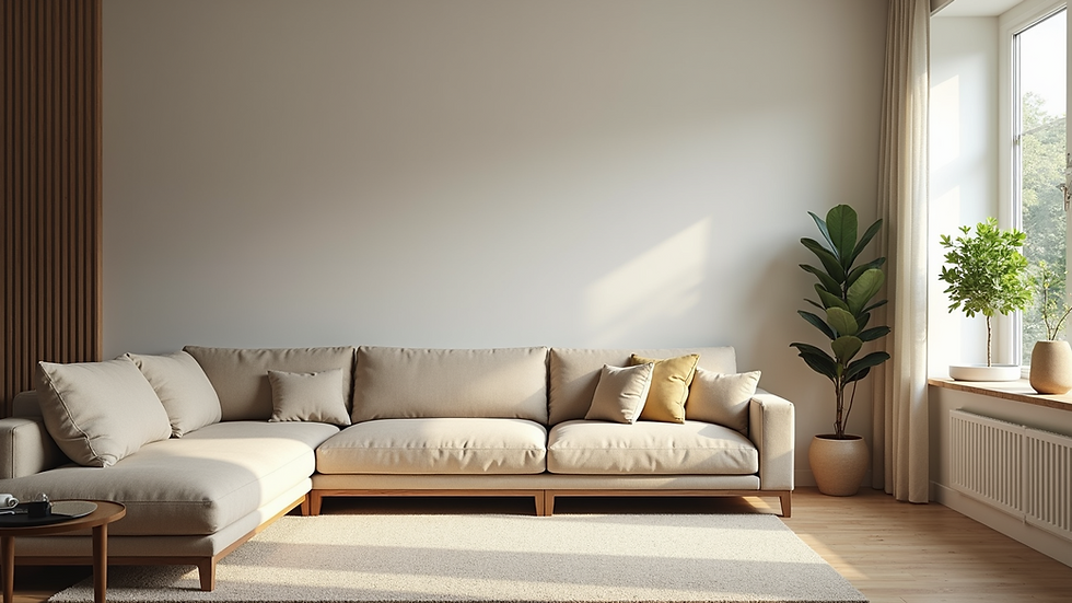 Eye-level view of a calm and balanced living room with natural light