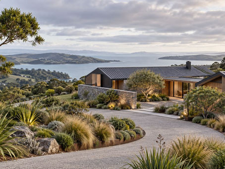 Illustrative sloping New Zealand site with a generic house, curved driveway and planted courtyard; not the client property