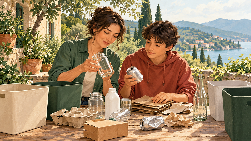Illustration of an adult and young person examining clean jars, cans, cardboard and plastic packaging beside unlabelled containers.