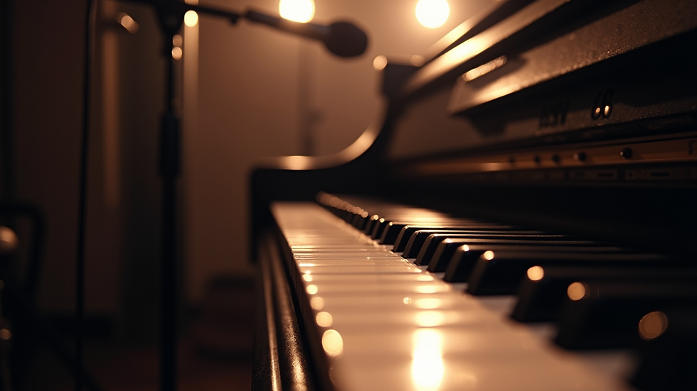 Close-up view of piano keys with a microphone nearby on stage