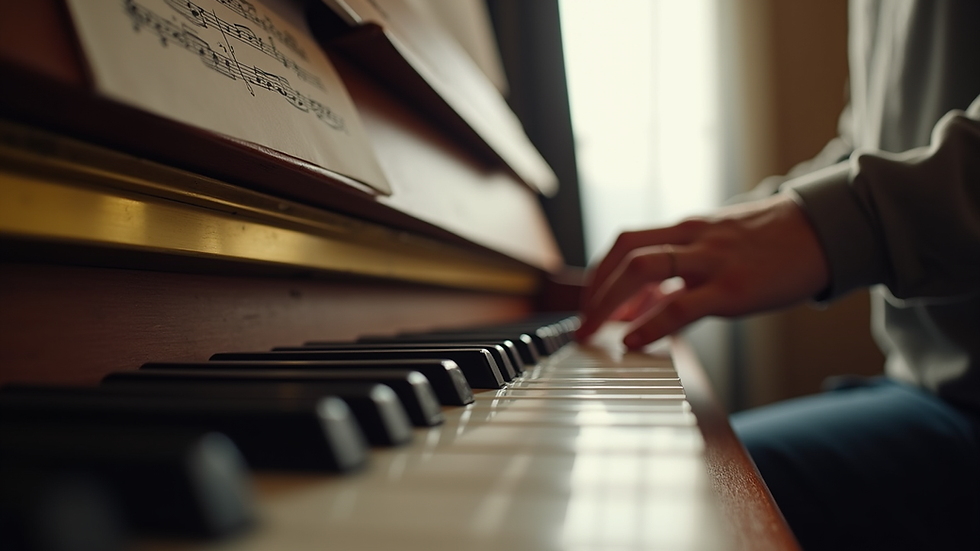 Close-up view of a piano keyboard with sheet music ready for performance