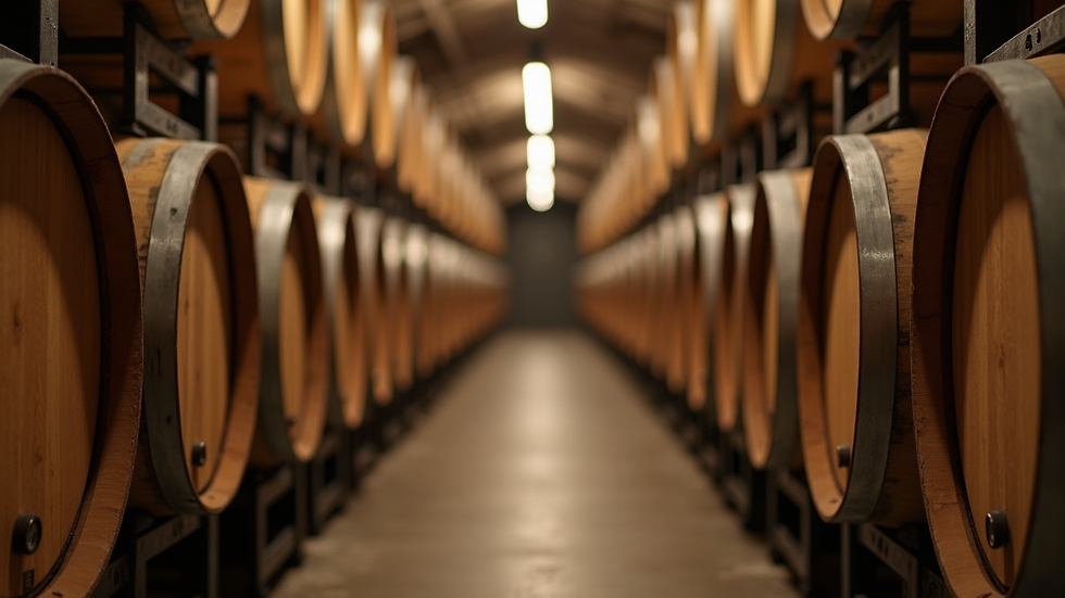 Close-up view of a winery cellar with oak barrels stacked neatly