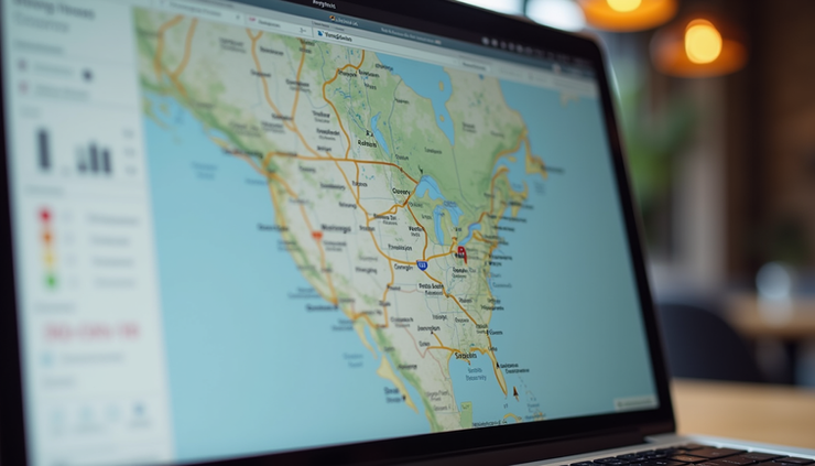 Close-up view of a laptop screen showing a local SEO dashboard with San Diego business data