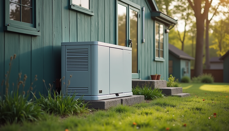 High angle view of a standby generator installed next to a greenhouse building in Kalamazoo MI