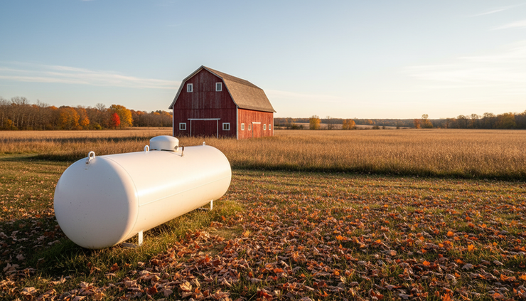 Wide-angle view of a propane tank near a barn and open field in autumn