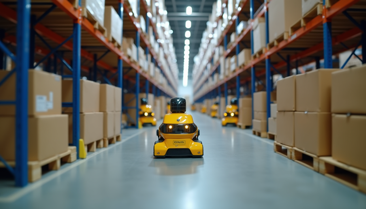 Eye-level view of a warehouse with automated robots moving packages
