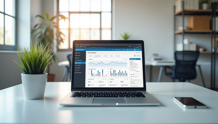 Eye-level view of a modern San Diego office workspace with a laptop displaying a WordPress dashboard