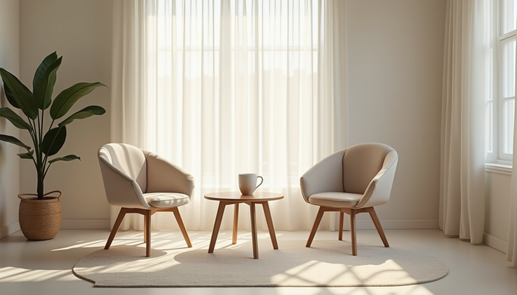 Eye-level view of a calm mediation room with a round table and chairs