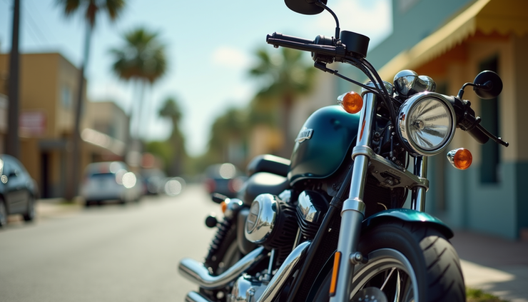Close-up view of a motorcycle parked on a Cape Coral street