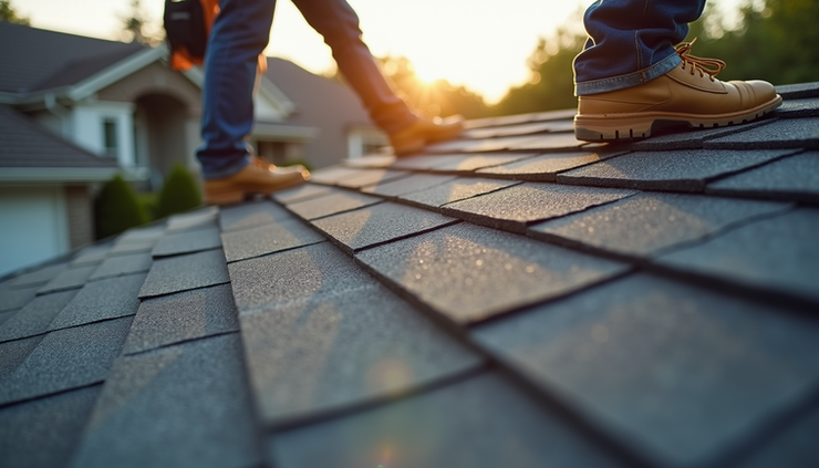 Eye-level view of a residential roof under repair with shingles being replaced