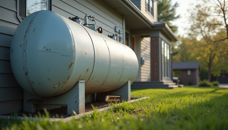 Eye-level view of a propane gas tank installed outside a residential home in Grand Rapids