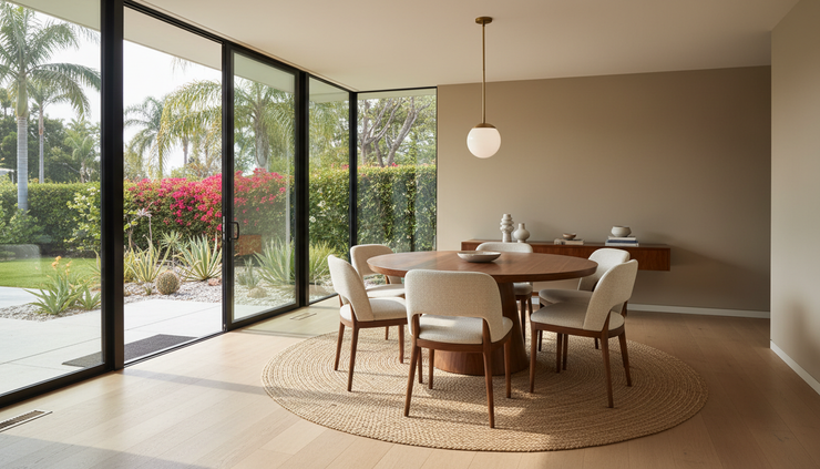 Wide-angle view of a mid century dining area with a round wood table and upholstered chairs