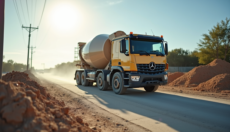 Eye-level view of a concrete mixer truck delivering ready mix concrete at a construction site in Fort Myers