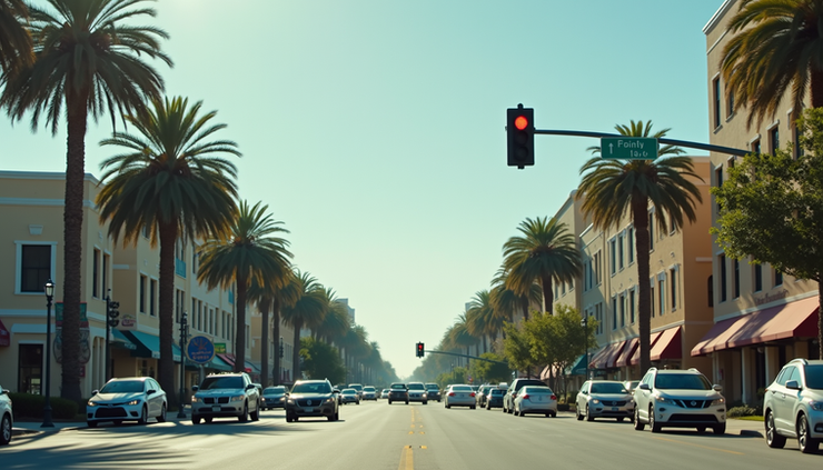 Eye-level view of a Fort Myers street with cars and traffic signals