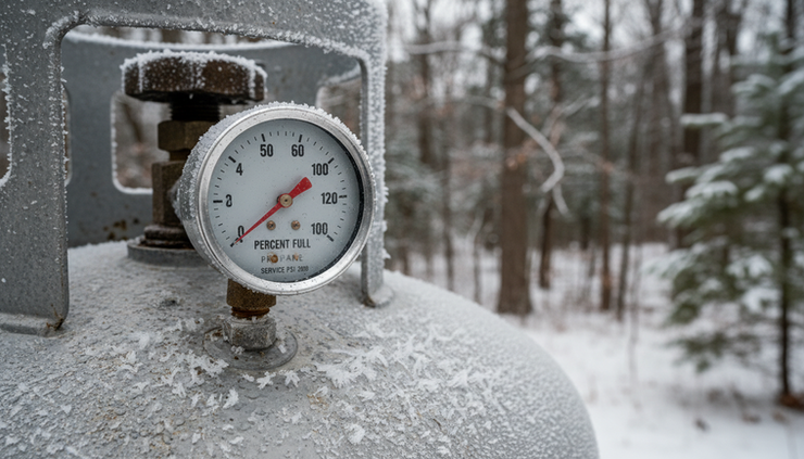 Close-up view of a propane tank gauge showing the fuel level