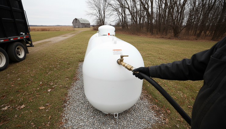 High-angle view of a propane delivery hose connected to a residential tank