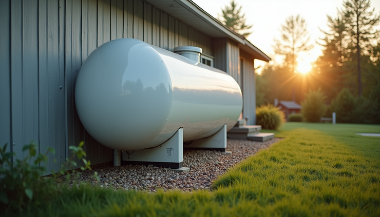 Eye-level view of a residential propane tank installed beside a house in Newaygo County