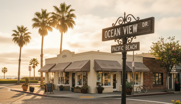 Eye-level view of a street sign near small local shops in a coastal San Diego neighbourhood