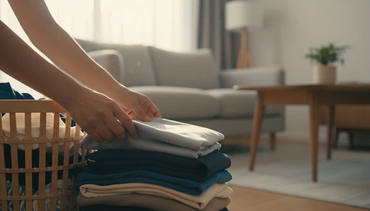 Close-up view of hands sorting household items beside a laundry basket