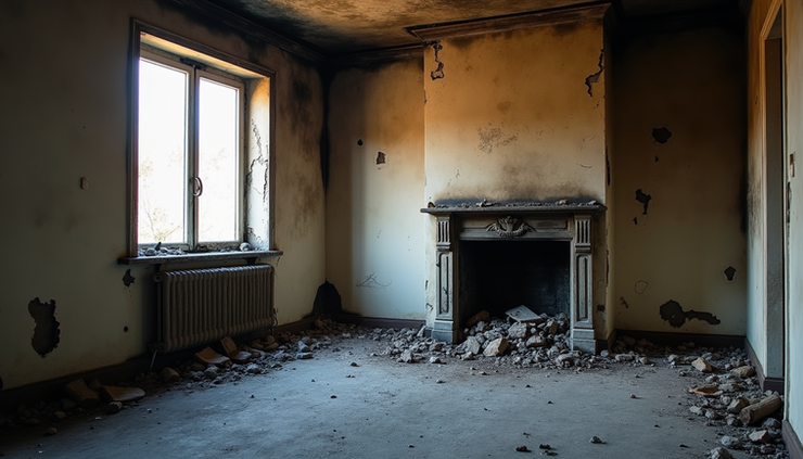 Eye-level view of a fire-damaged living room with charred walls and smoke stains
