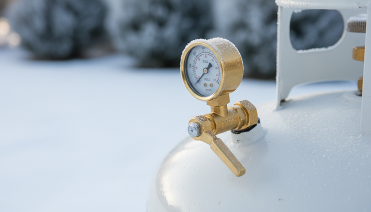 Close-up view of a propane tank gauge and valve on a residential tank