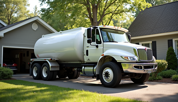 Eye-level view of a propane delivery truck parked outside a residential home in Newaygo County