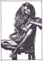 The Clothed Figure - Woman sitting sideways with arms and legs resting on a chair. MeaningfulLinesArt.com