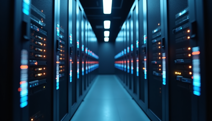 Eye-level view of a data centre server rack with blinking lights