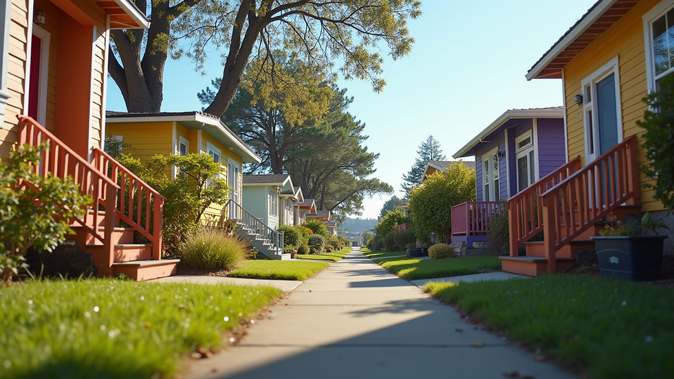 Eye-level view of a charming East Bay neighborhood with colorful houses