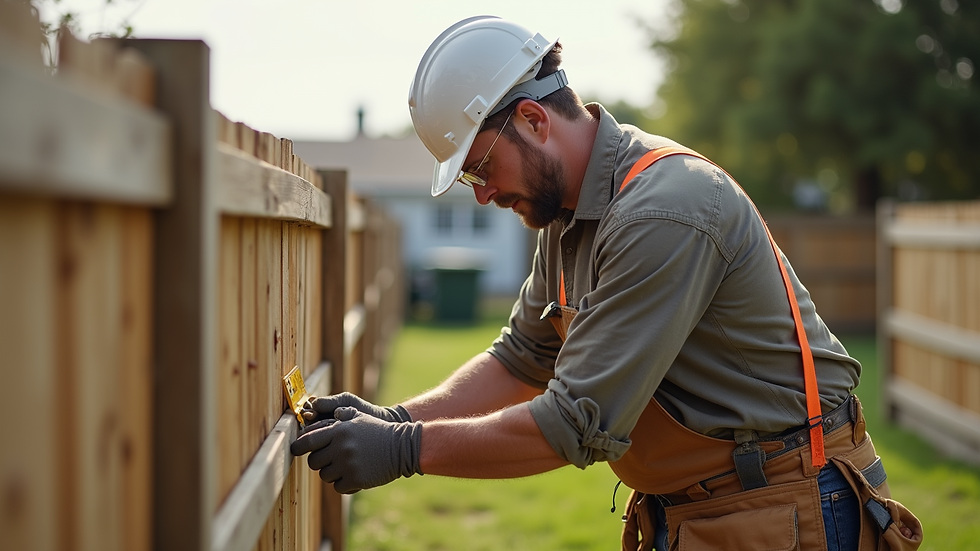 Close-up view of a contractor measuring fence posts on a residential property