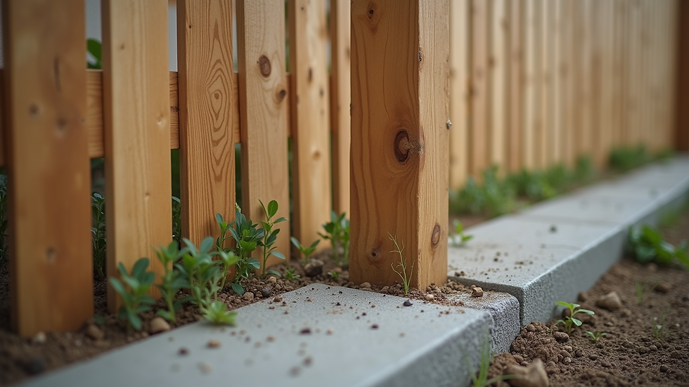 Eye-level view of a new wooden fence post being installed in a concrete base