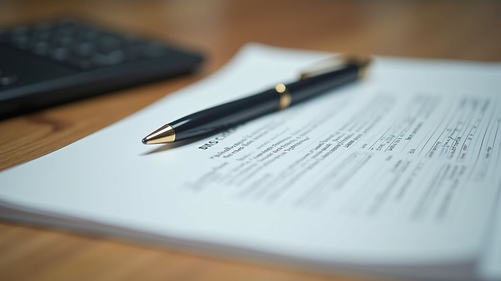 Close-up view of official documents and a pen on a wooden desk