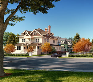 Street view of a large modern home photographed from across the street, showcasing its grand exterior, multiple levels, and landscaped front yard