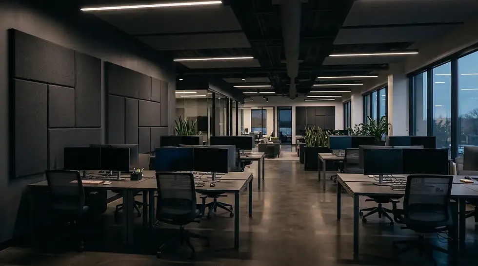 Fabric-wrapped acoustic wall panels in a commercial office