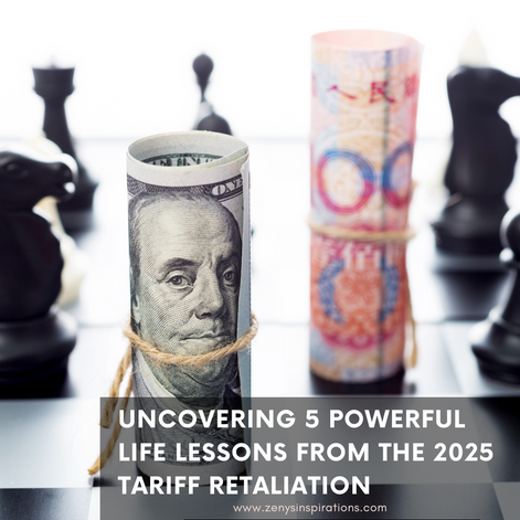 Rolled US dollar and Chinese yuan banknotes tied with twine on a chessboard, surrounded by black chess pieces, symbolizing strategic conflict and economic tension—highlighting life lessons from the 2025 tariff retaliation