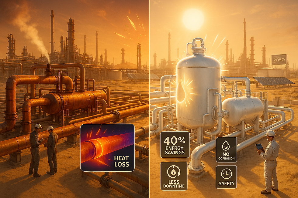 In a split-screen comparison, an industrial facility showcases a transition from conventional piping to modern insulated systems, highlighting benefits such as 40% energy savings, reduced downtime, enhanced safety, and no corrosion.