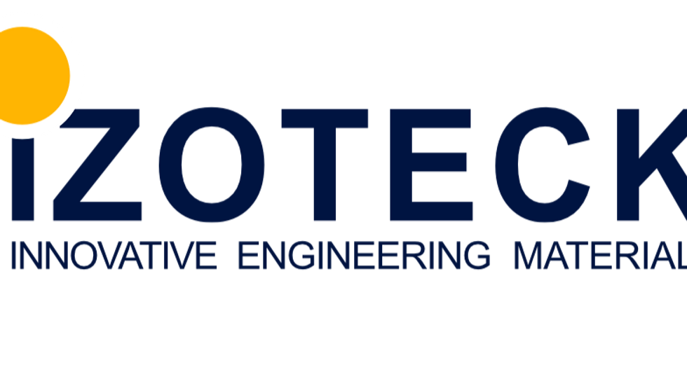 Logo with the word "IZOTECK" in navy blue, a yellow circle with a white border on the top left, and text "Innovative Engineering Materials" below.