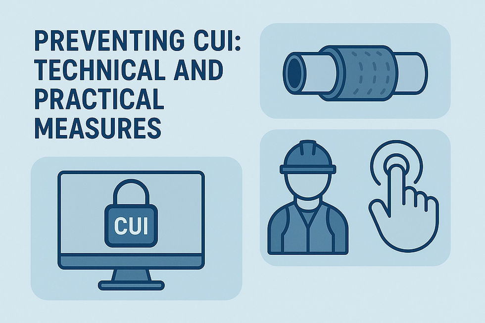 Icons of pipe insulation, worker, computer with CUI lock, and touch gesture. Text: "Preventing CUI: Technical and Practical Measures."