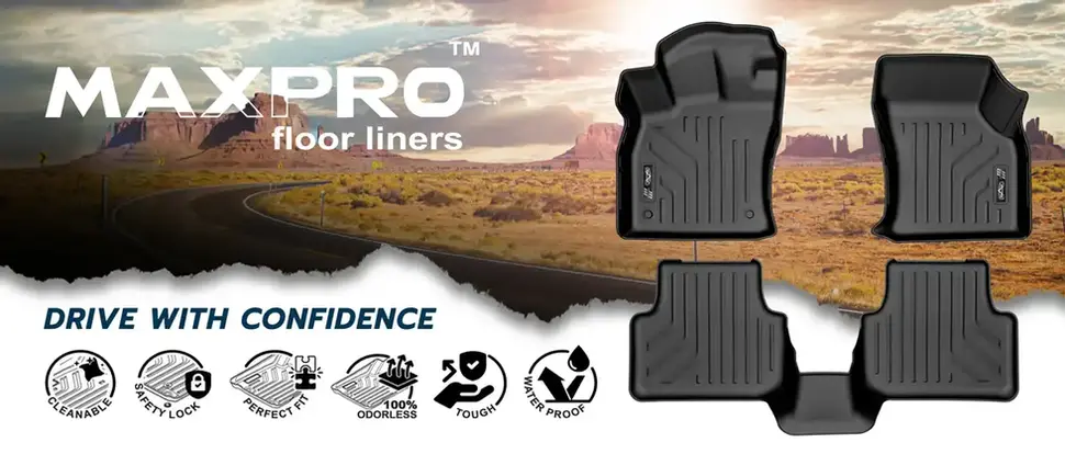 Maxpro floor liners set displayed with all-weather protection features for complete car interior coverage