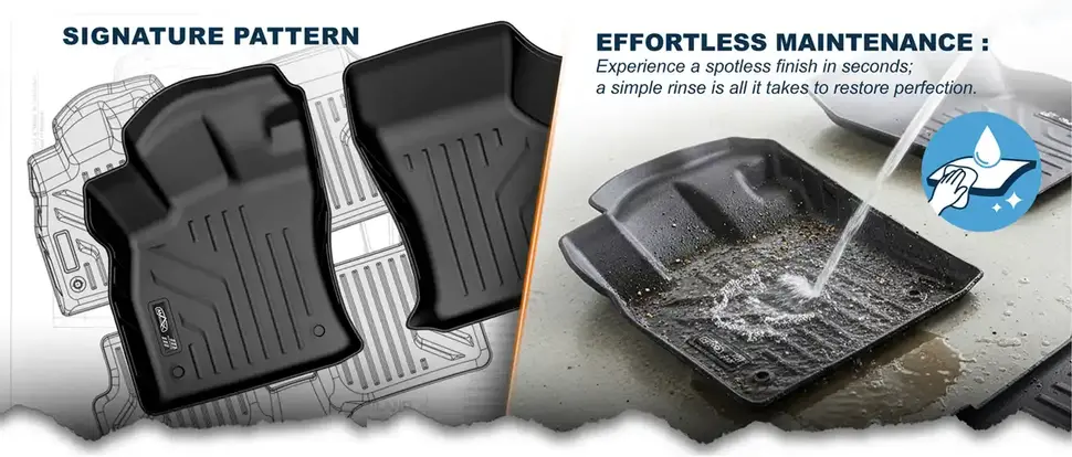 Signature pattern floor liners with easy cleaning design being rinsed to remove dirt and debris