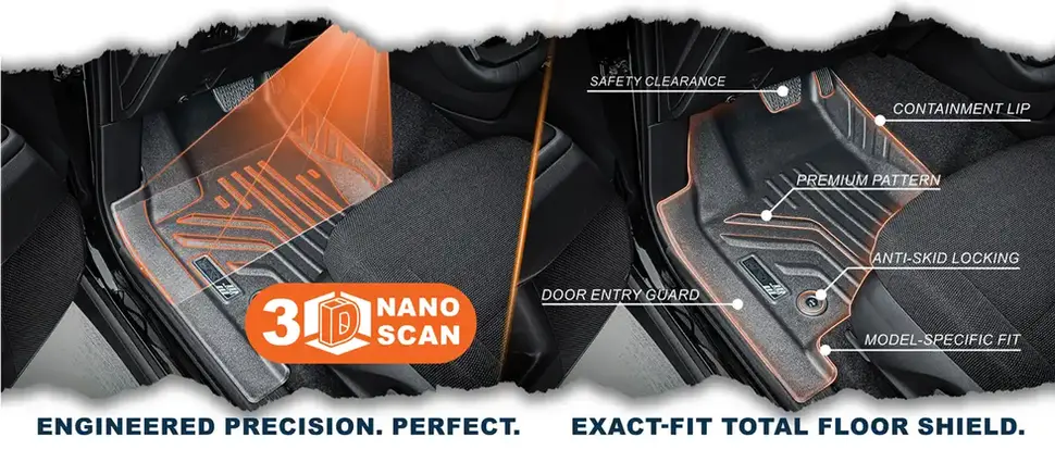 3D nano scan floor liners with precision fit, anti-skid locking, and full floor coverage inside vehicle