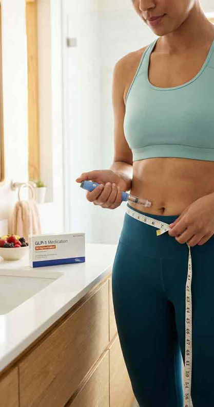 A woman using a GLP-1 weight loss injection pen from IV ME UP while measuring her waist with a tape measure to track progress.