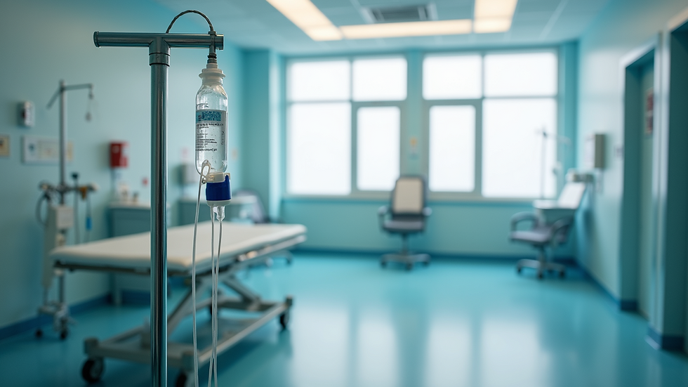 Eye-level view of a calm medical treatment room with IV therapy equipment